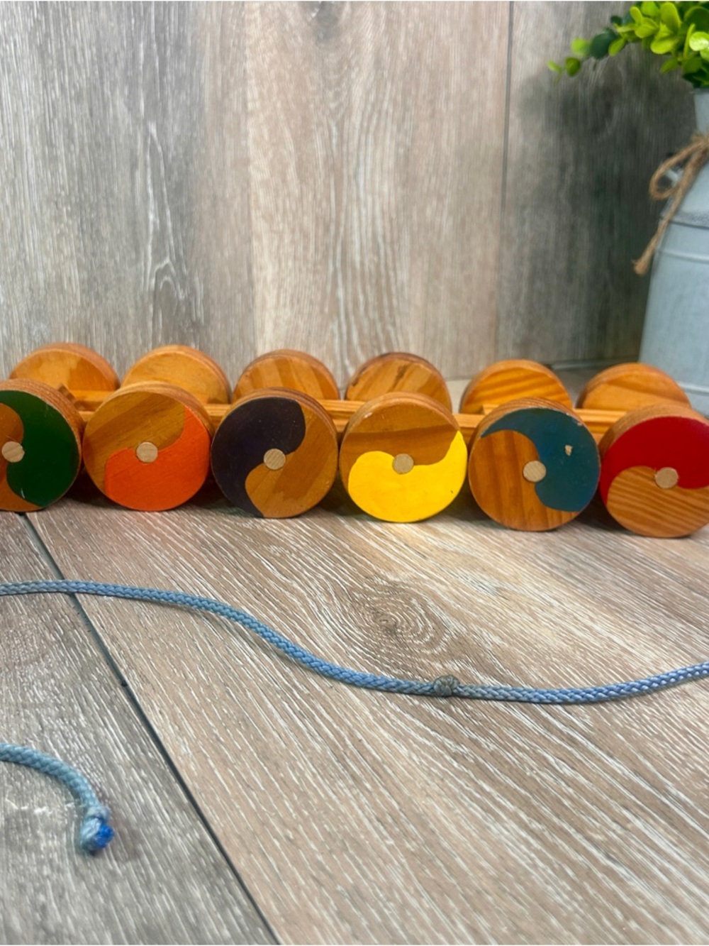 Vintage Wooden Pull Toy Handcrafted Spinning Wheel Toy Folk Art Wood Toy Rare